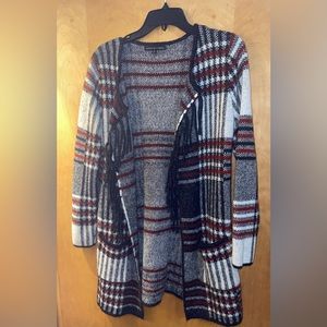 ADRIENNE VITTADINI Black/White/Red Plaid Open Front Fringe Cardigan